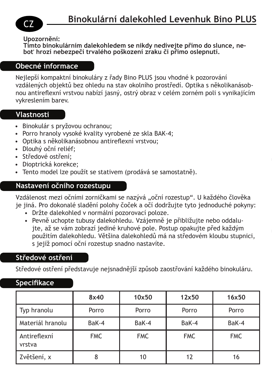 Binokulární dalekohled levenhuk bino plus cz | Levenhuk Bino PLUS 12x50 Binoculars User Manual | Page 6 / 24