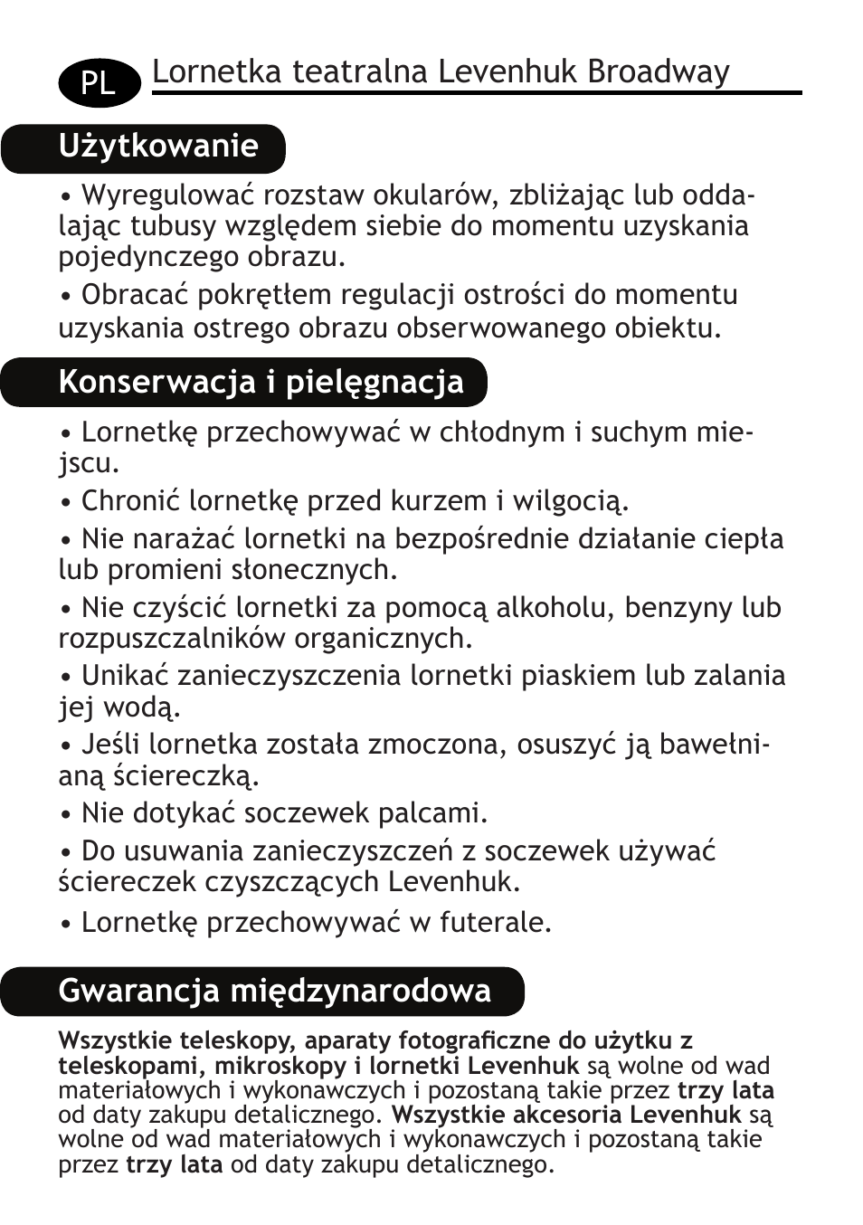 Konserwacja i pielęgnacja, Gwarancja międzynarodowa | Levenhuk Broadway 325F Binoculars User Manual | Page 12 / 20