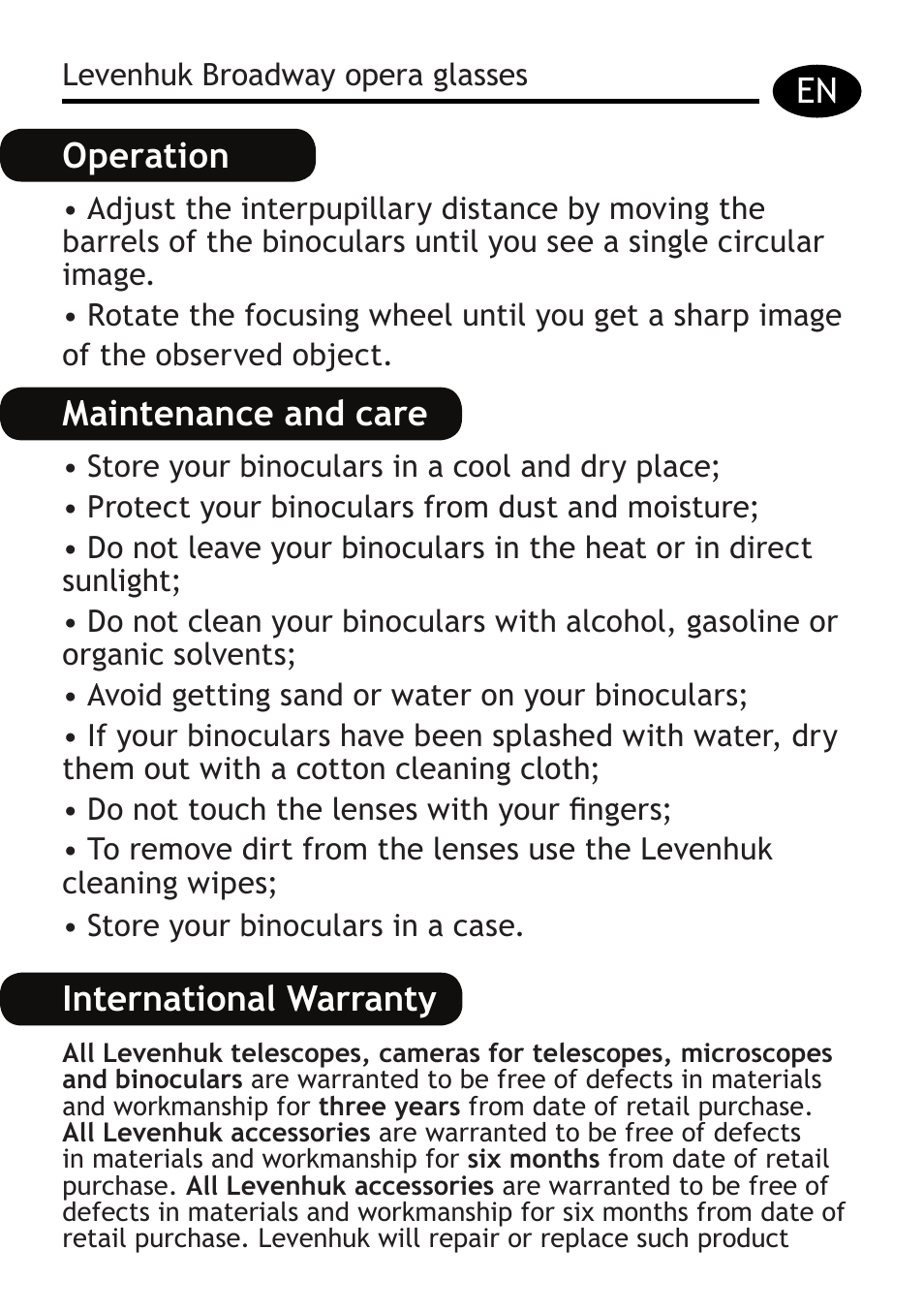 Operation, Maintenance and care, International warranty | Levenhuk Broadway 325F Binoculars User Manual | Page 3 / 20