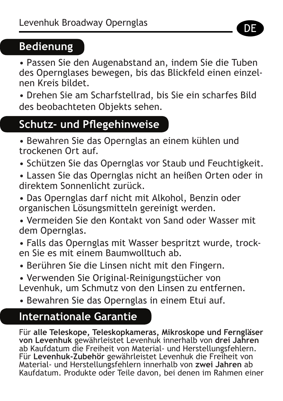 De bedienung, Schutz- und pflegehinweise, Internationale garantie | Levenhuk Broadway 325F Binoculars User Manual | Page 9 / 20