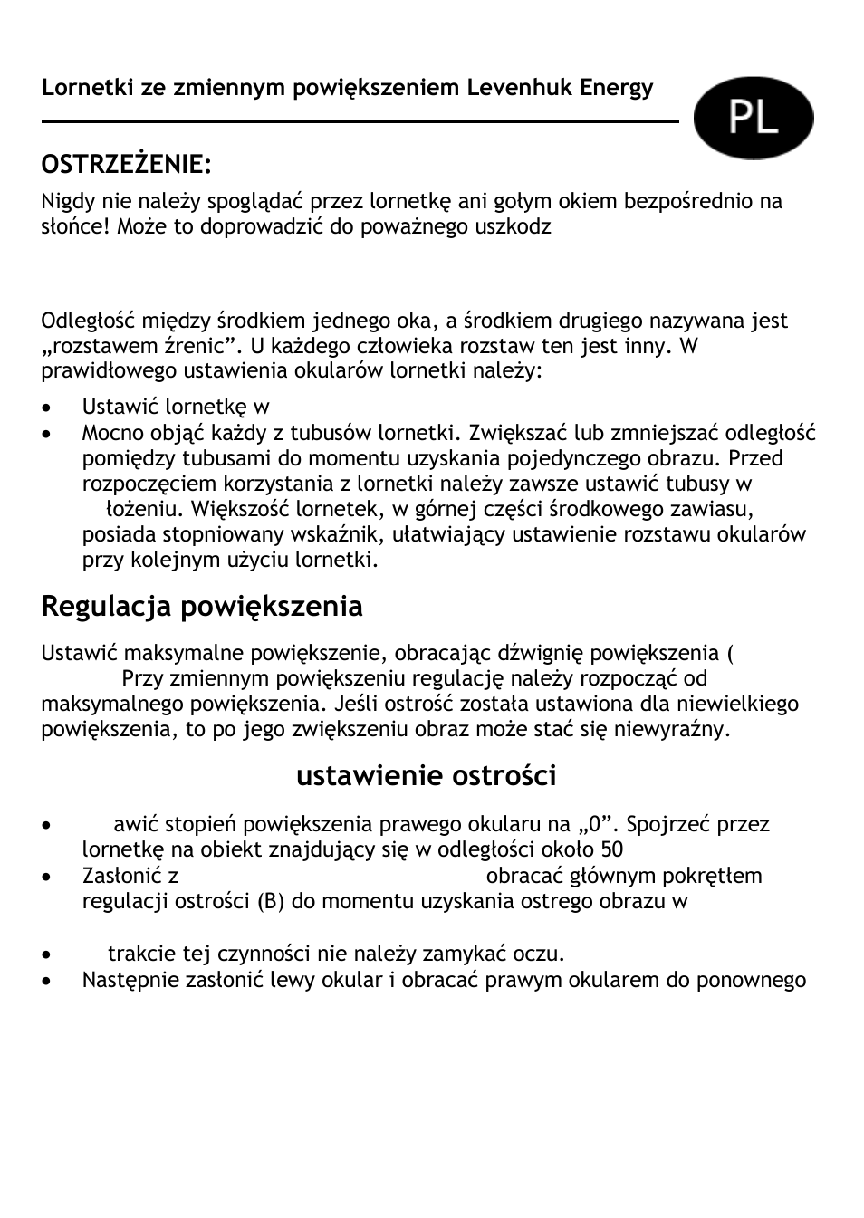 Regulacja rozstawu okularów, Regulacja powiększenia, Korekcja dioptrii i ustawienie ostrości | Levenhuk Energy 10-30x60 Binoculars User Manual | Page 12 / 24