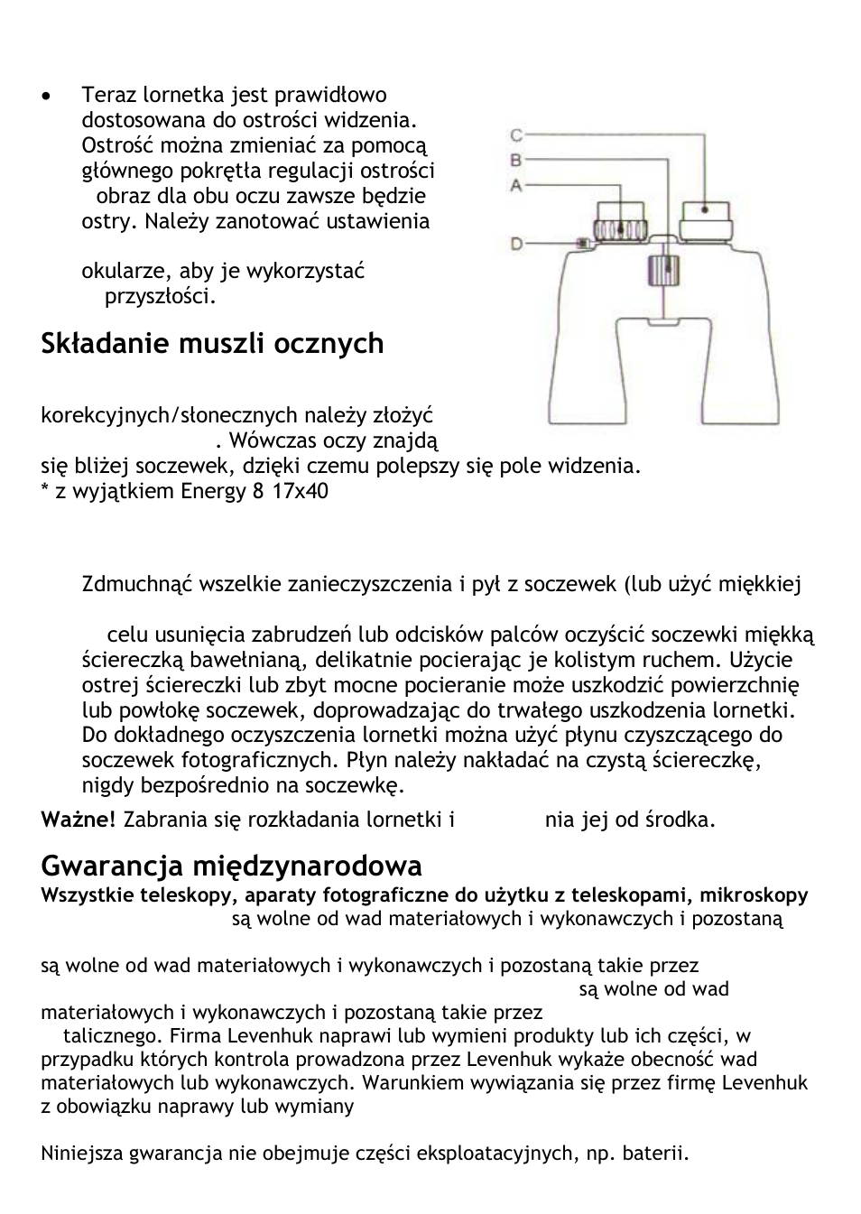 Składanie muszli ocznych, Czyszczenie, Gwarancja międzynarodowa | Levenhuk Energy 10-30x60 Binoculars User Manual | Page 13 / 24