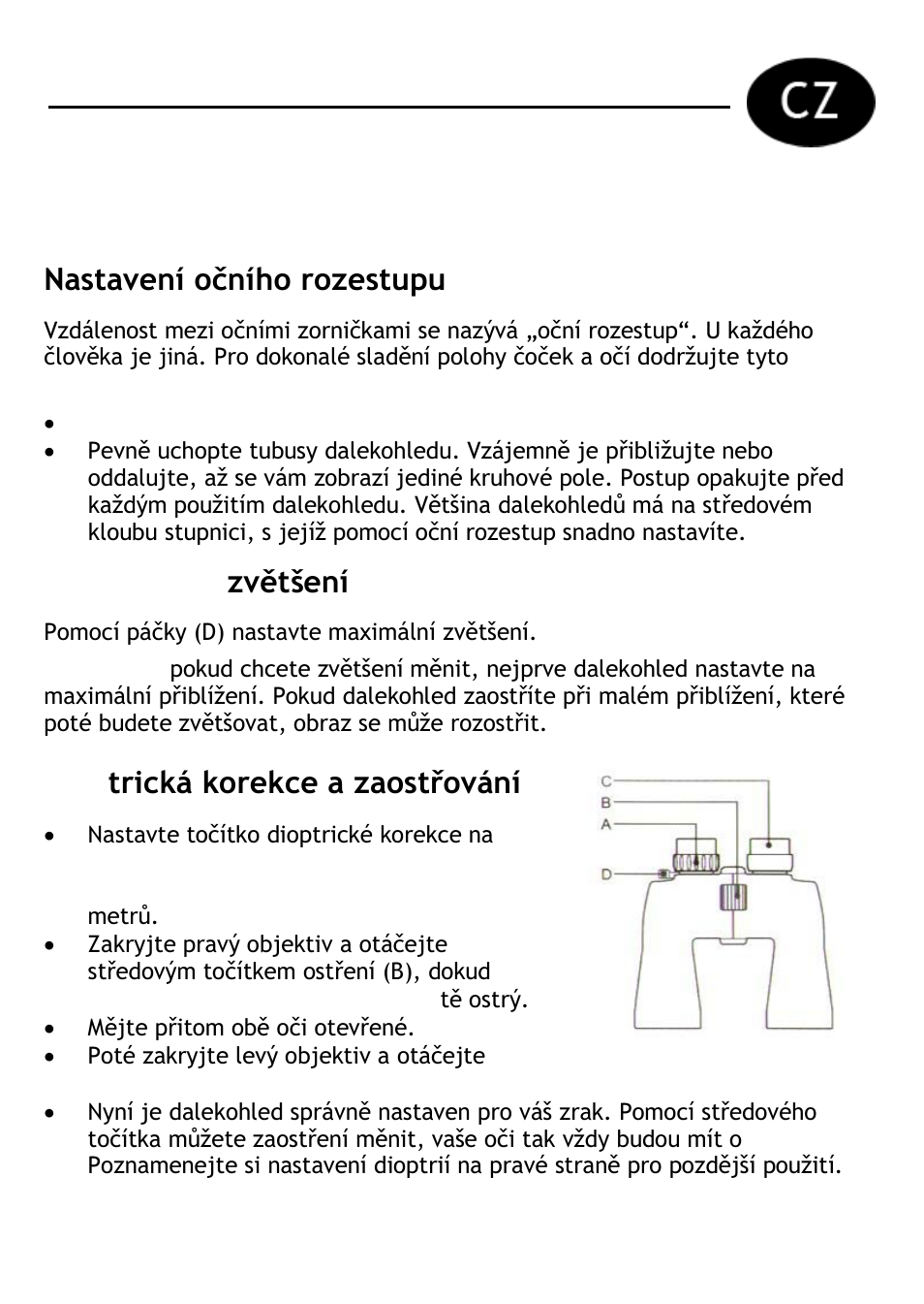 Nastavení očního rozestupu, Jak nastavit zvětšení, Dioptrická korekce a zaostřování | Zoomové dalekohledy levenhuk energy | Levenhuk Energy 10-30x60 Binoculars User Manual | Page 5 / 24