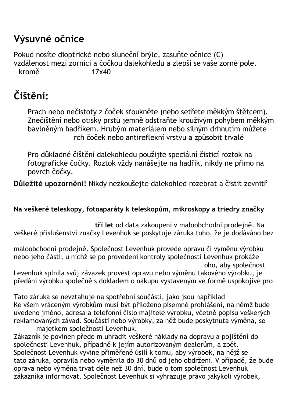 Výsuvné očnice, Čištění, Mezinárodní záruka | Levenhuk Energy 10-30x60 Binoculars User Manual | Page 6 / 24