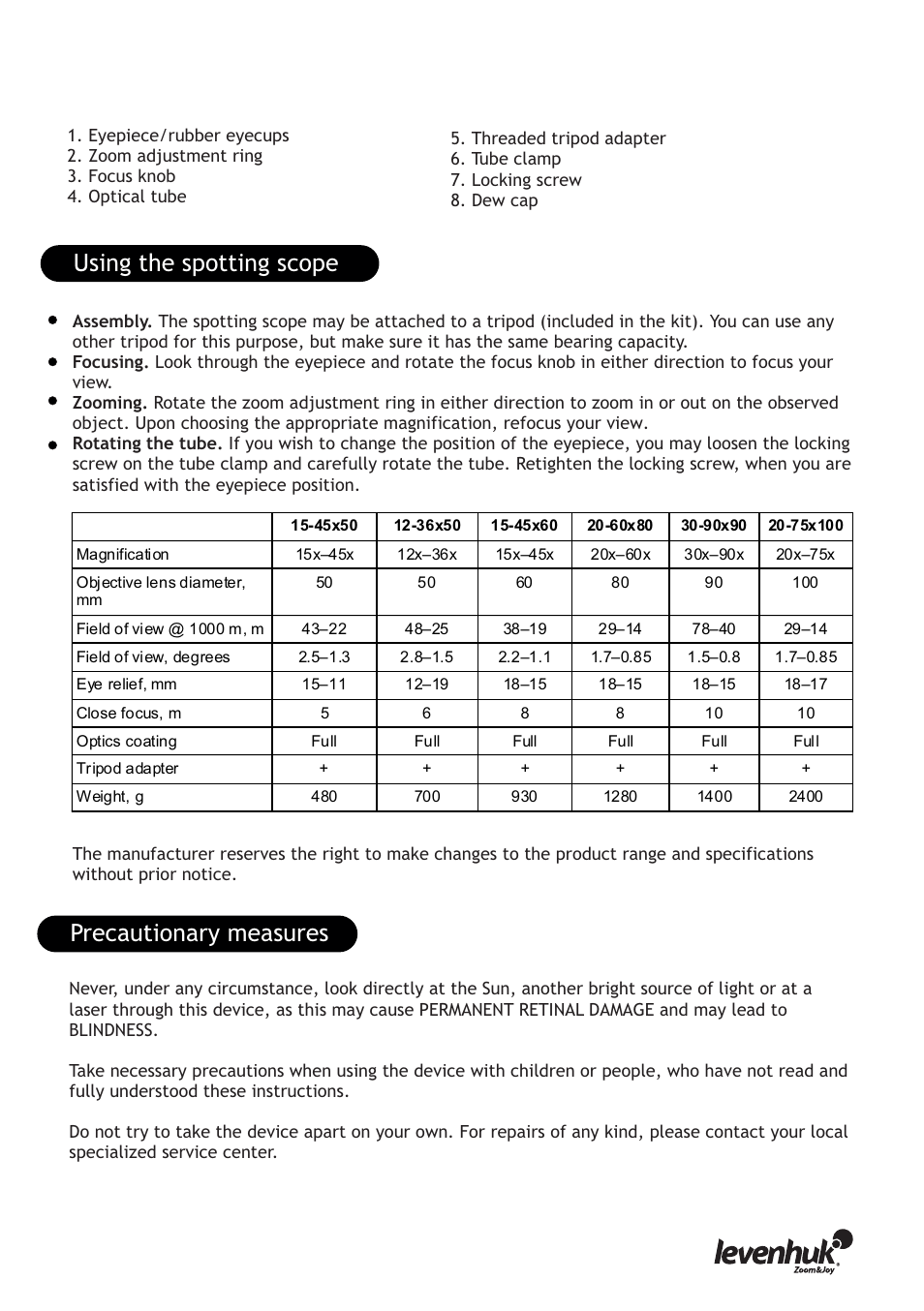 Using the spotting scope precautionary measures | Levenhuk Blaze 20-75x100 Spotting Scope User Manual | Page 3 / 21