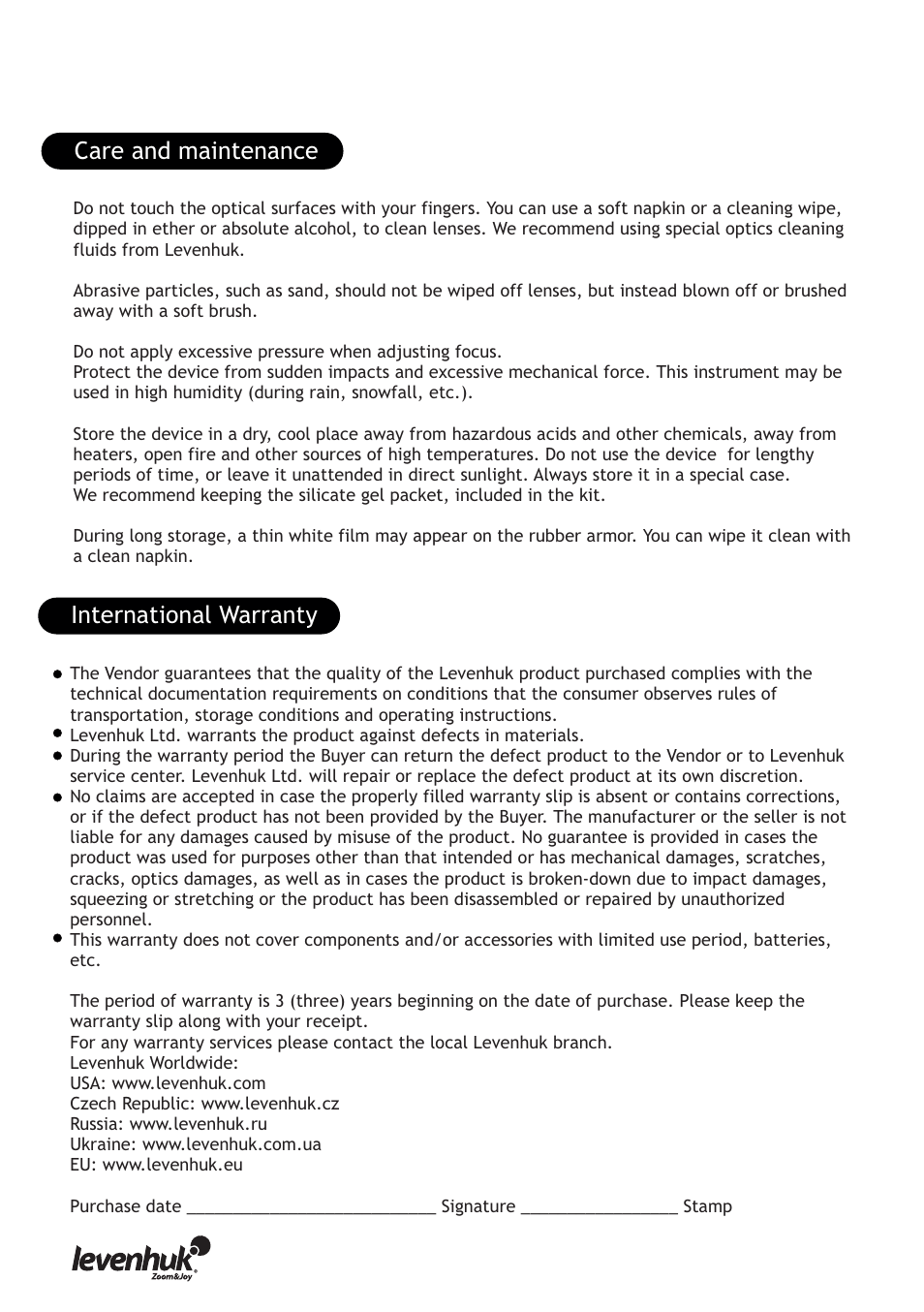 Care and maintenance international warranty | Levenhuk Blaze 20-75x100 Spotting Scope User Manual | Page 4 / 21