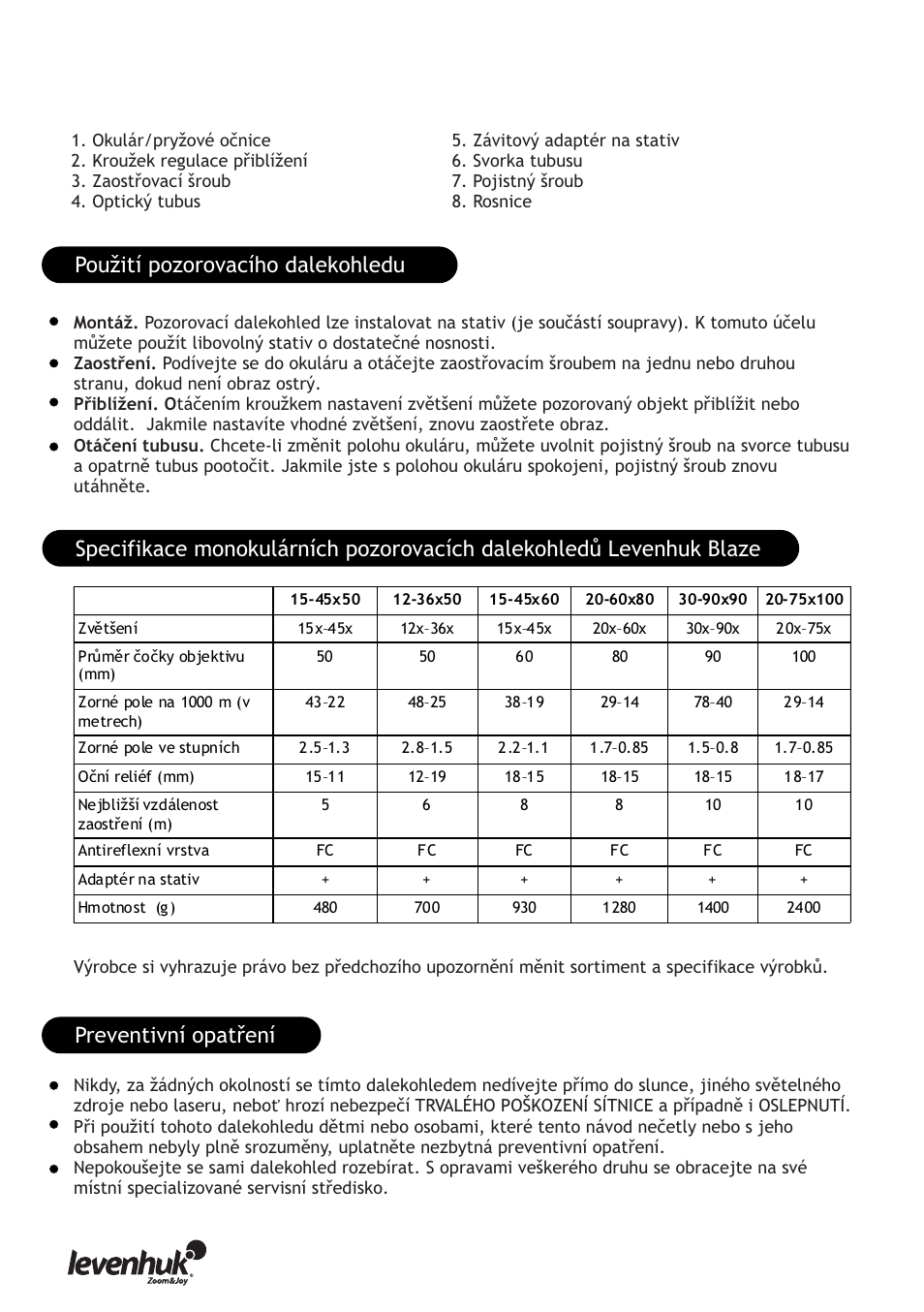 Levenhuk Blaze 20-75x100 Spotting Scope User Manual | Page 6 / 21