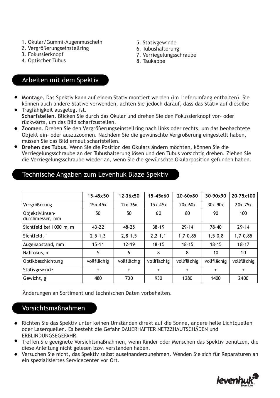Levenhuk Blaze 20-75x100 Spotting Scope User Manual | Page 9 / 21