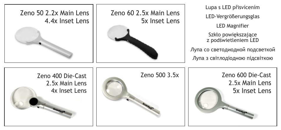 Levenhuk Zeno 500 LED Magnifier, 3.5x, 56 mm User Manual | 8 pages