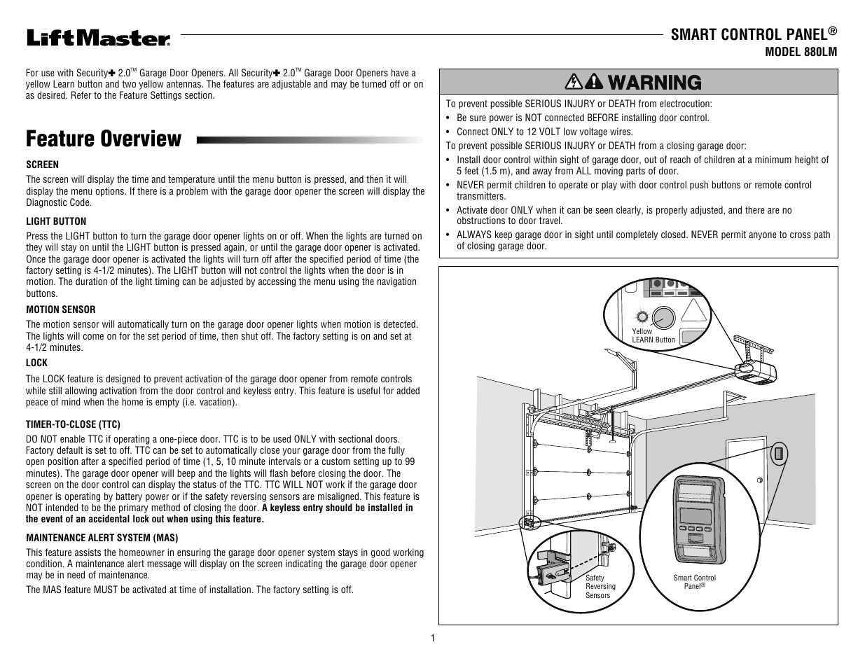 LiftMaster 880LM Smart Control Panel User Manual | 4 pages
