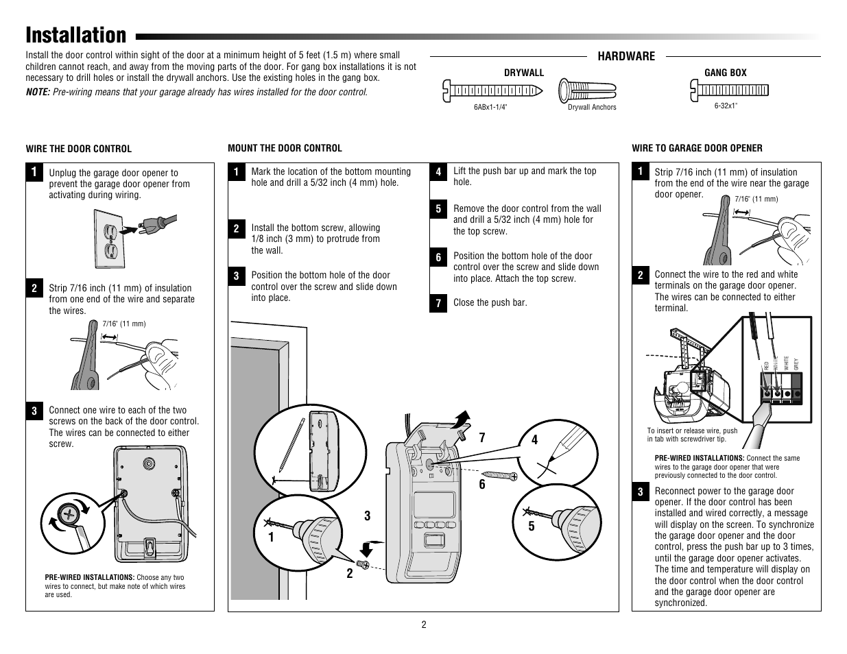 Installation, Hardware, Wire the door control | Mount the door control, Wire to garage door opener | LiftMaster 880LM Smart Control Panel User Manual | Page 2 / 4