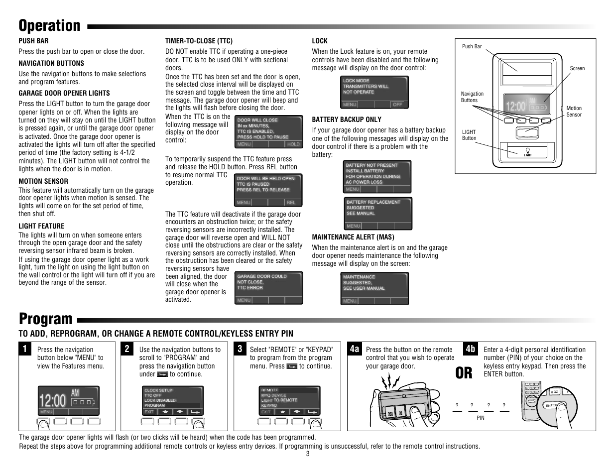 Operation, Push bar, Navigation buttons | Garage door opener lights, Motion sensor, Light feature, Timer-to-close (ttc), Lock, Battery backup only, Maintenance alert (mas) | LiftMaster 880LM Smart Control Panel User Manual | Page 3 / 4
