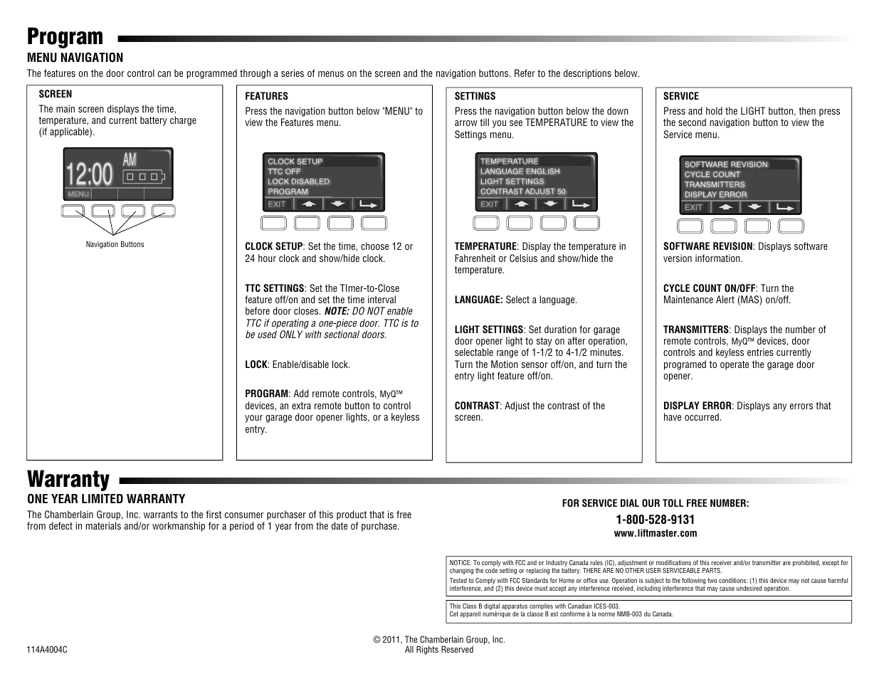 Menu navigation, Screen, Features | Settings, Service, Warranty, Program | LiftMaster 880LM Smart Control Panel User Manual | Page 4 / 4