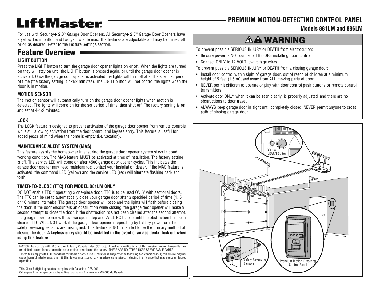 LiftMaster 886LM Motion-Detecting Control Panel User Manual | 4 pages