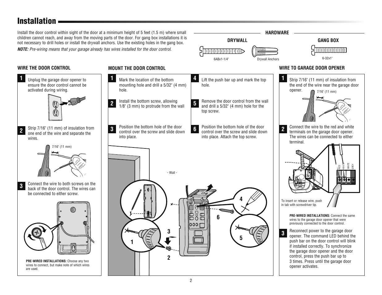 Installation, Hardware, Wire the door control | Mount the door control, Wire to garage door opener | LiftMaster 886LM Motion-Detecting Control Panel User Manual | Page 2 / 4