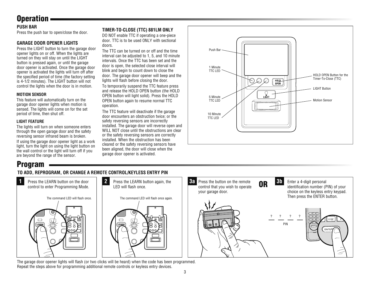 Operation, Push bar, Garage door opener lights | Motion sensor, Light feature, Timer-to-close (ttc) 881lm only, Program, Program operation, 12 3a 3b | LiftMaster 886LM Motion-Detecting Control Panel User Manual | Page 3 / 4