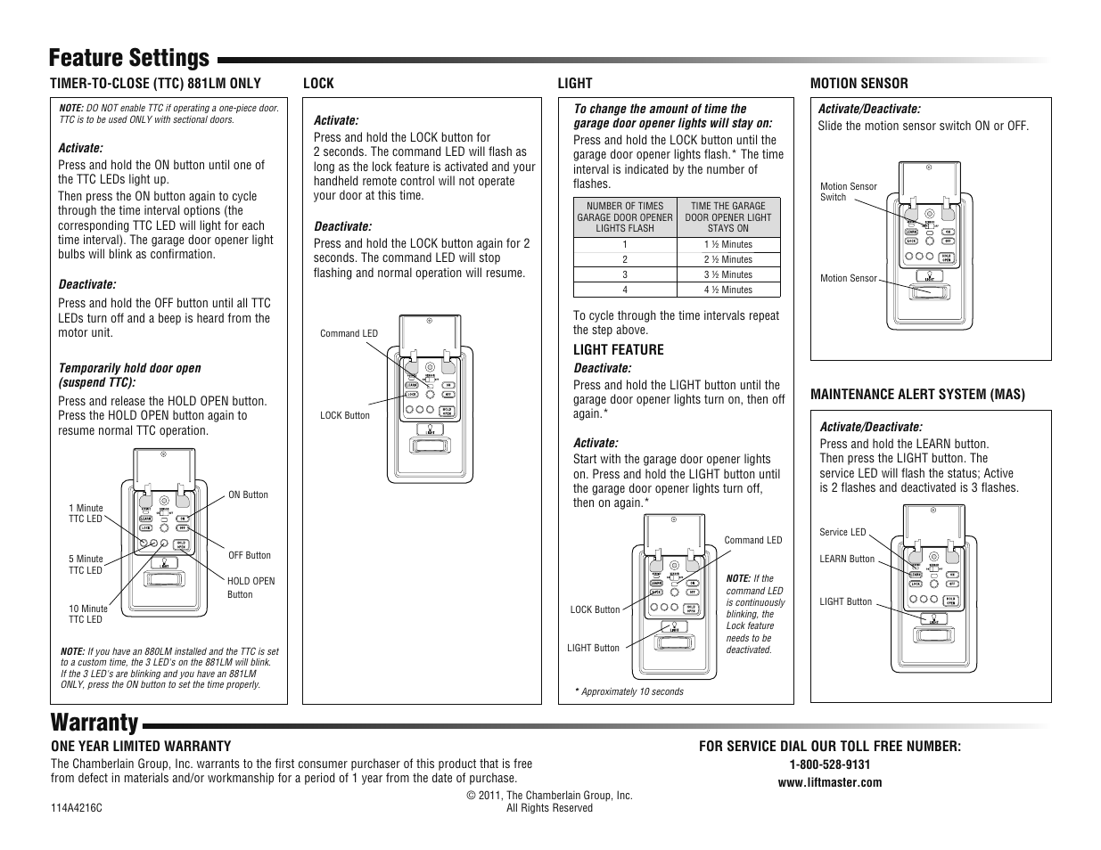 Feature settings, Timer-to-close (ttc) 881lm only, Lock | Light, Motion sensor, Warranty, Technical support and service | LiftMaster 886LM Motion-Detecting Control Panel User Manual | Page 4 / 4