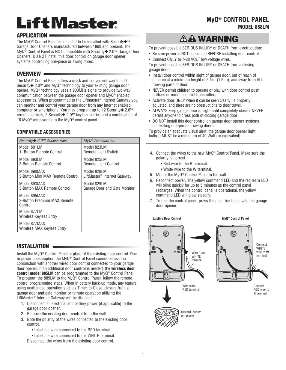 LiftMaster 888LM MyQ Control Panel User Manual | 12 pages