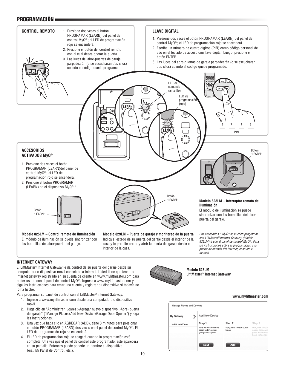 Programación | LiftMaster 888LM MyQ Control Panel User Manual | Page 10 / 12