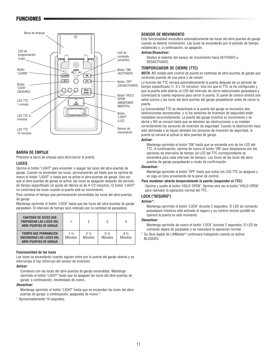Funciones | LiftMaster 888LM MyQ Control Panel User Manual | Page 11 / 12