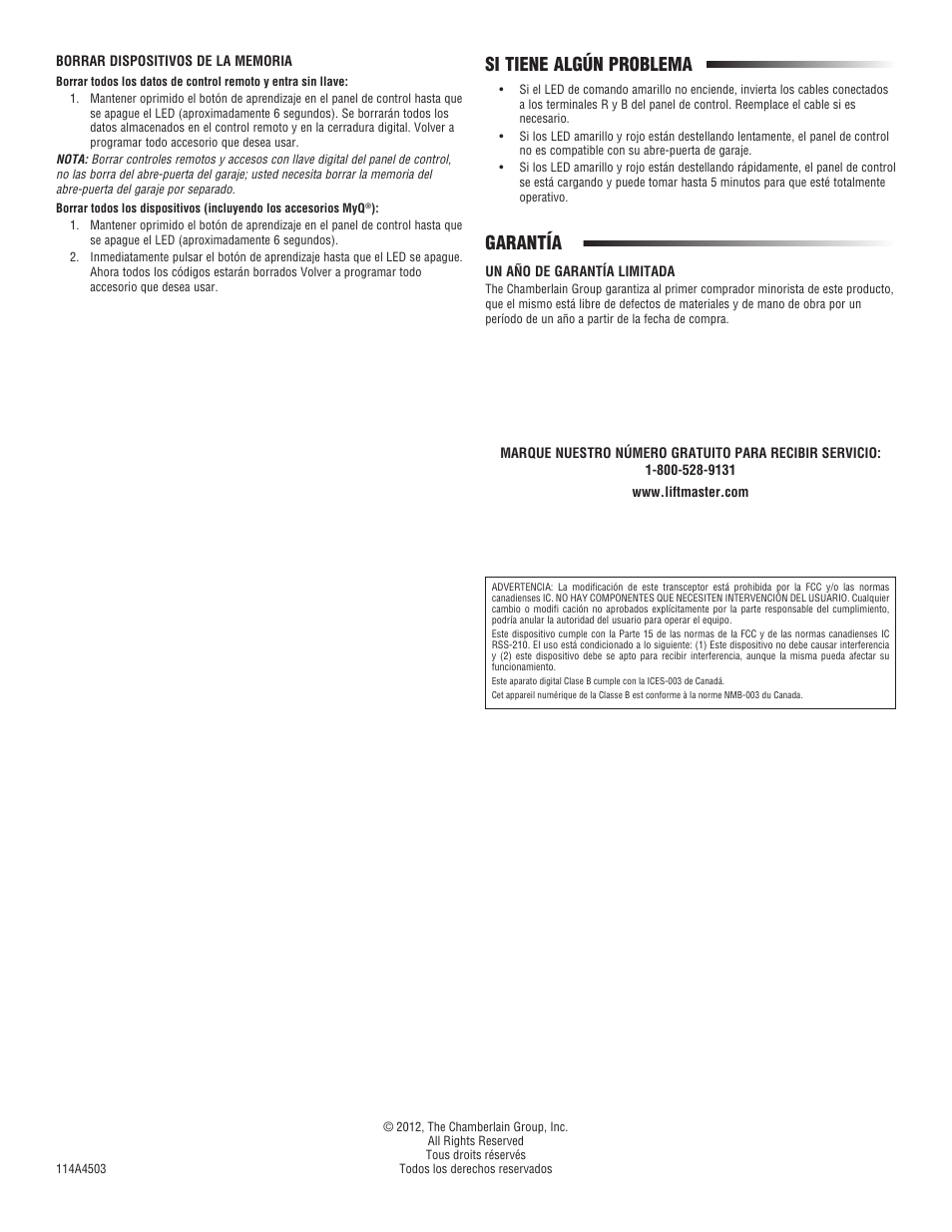 Garantía si tiene algún problema | LiftMaster 888LM MyQ Control Panel User Manual | Page 12 / 12