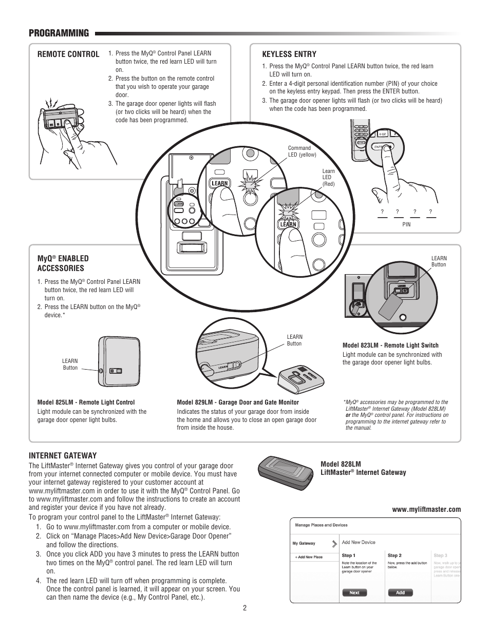 Programming, Remote control, Keyless entry | Enabled accessories, Internet gateway | LiftMaster 888LM MyQ Control Panel User Manual | Page 2 / 12