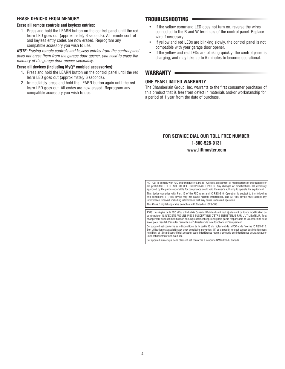 Troubleshooting, Warranty, Warranty troubleshooting | LiftMaster 888LM MyQ Control Panel User Manual | Page 4 / 12