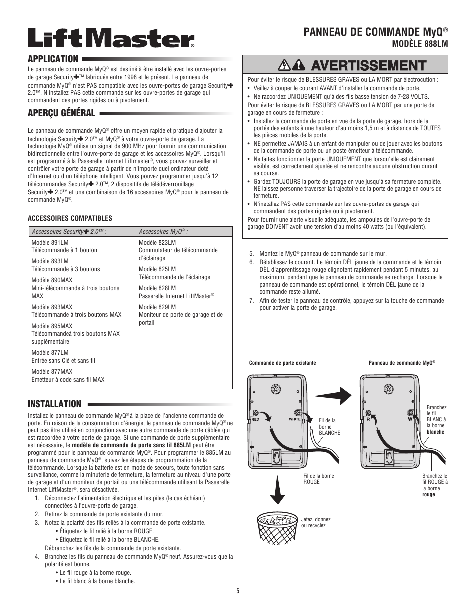 French, Attention, Panneau de commande myq | Application, Aperçu général, Installation, Modèle 888lm | LiftMaster 888LM MyQ Control Panel User Manual | Page 5 / 12