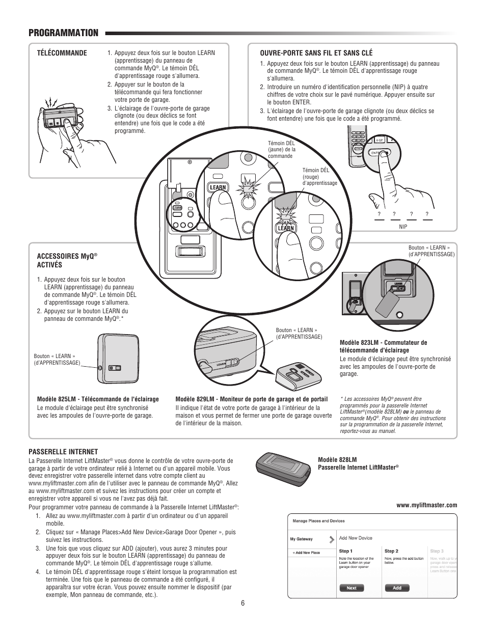 Programmation | LiftMaster 888LM MyQ Control Panel User Manual | Page 6 / 12