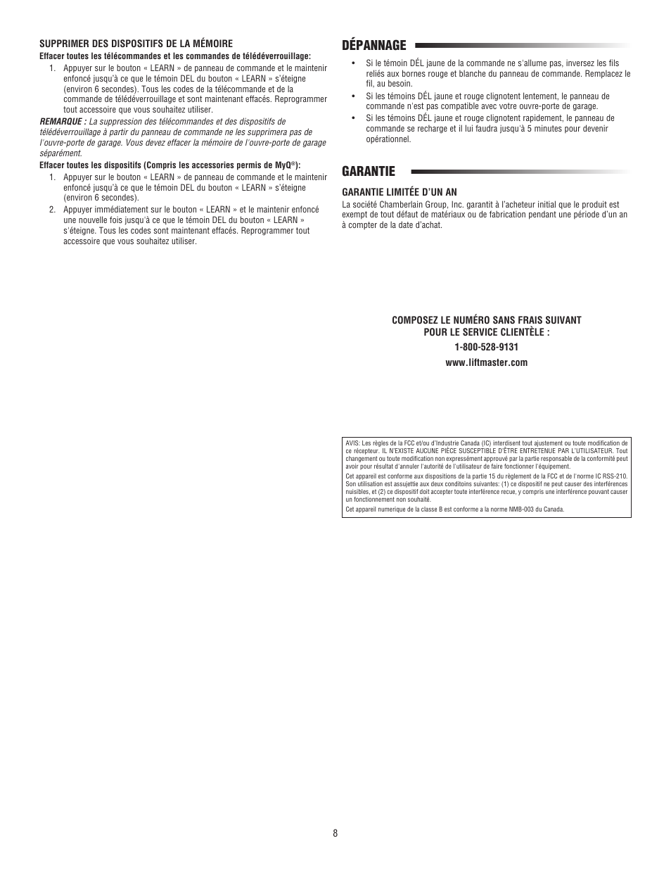Garantie dépannage | LiftMaster 888LM MyQ Control Panel User Manual | Page 8 / 12