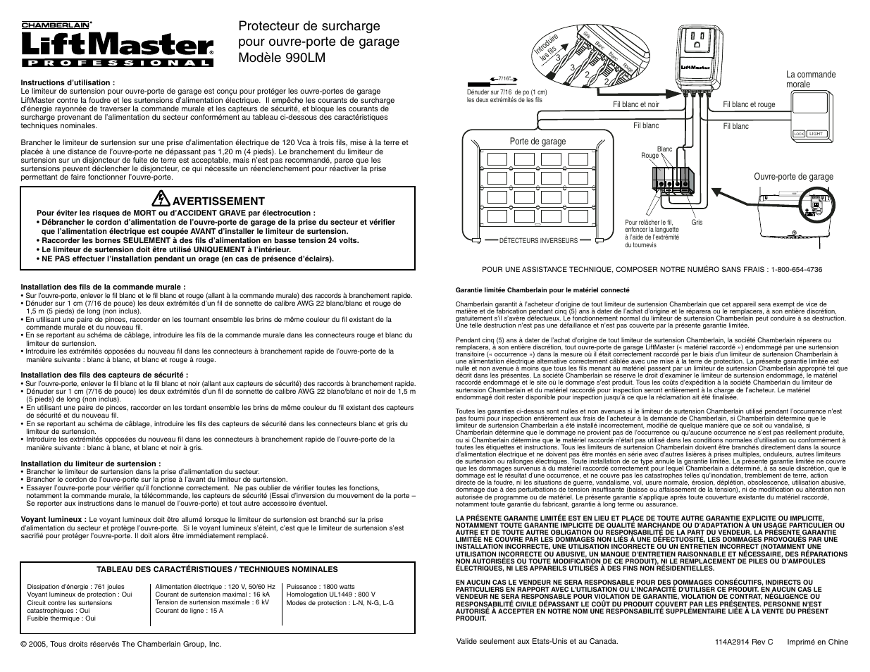 French, Avertissement | LiftMaster 990LM Surge Protector User Manual | Page 2 / 3