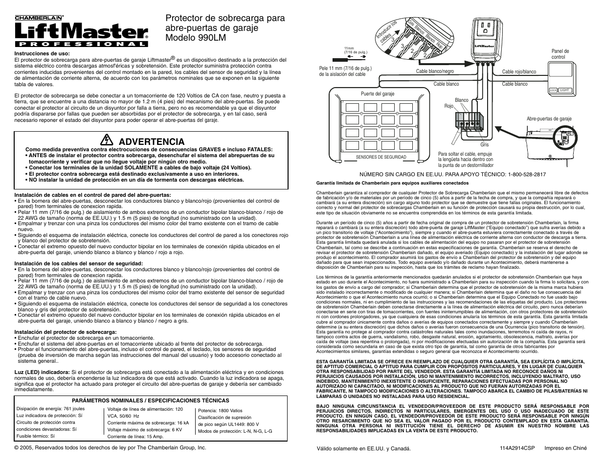 Spanish, Advertencia | LiftMaster 990LM Surge Protector User Manual | Page 3 / 3