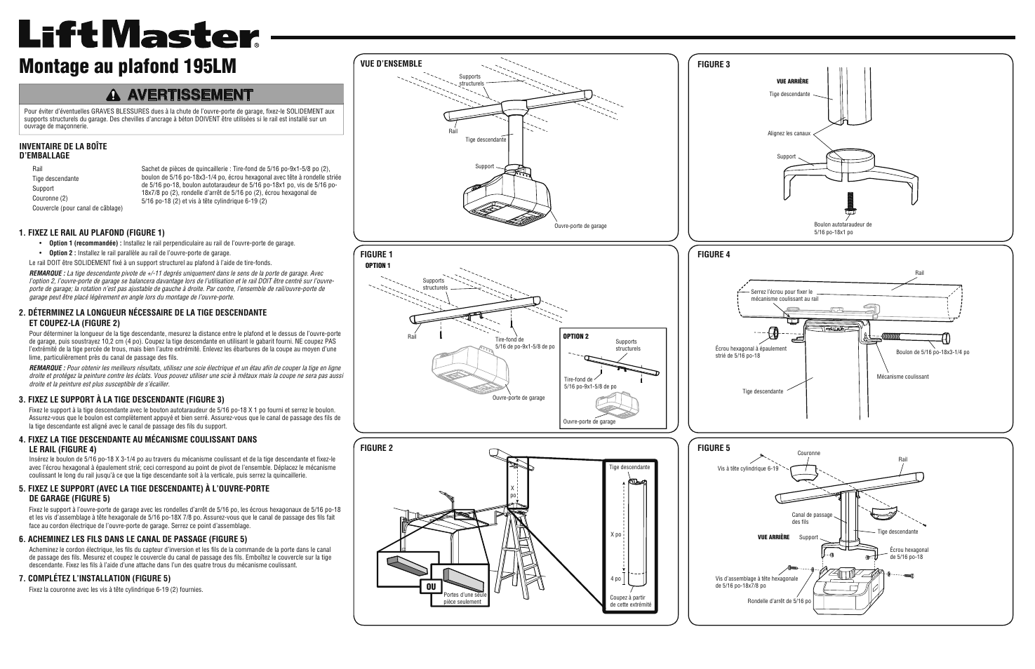 French, Montage au plafond 195lm, Avertissement | Fixez le rail au plafond (figure 1), Fixez le support à la tige descendante (figure 3), Complétez l’installation (figure 5) | LiftMaster 195LM Ceiling Mount User Manual | Page 2 / 4