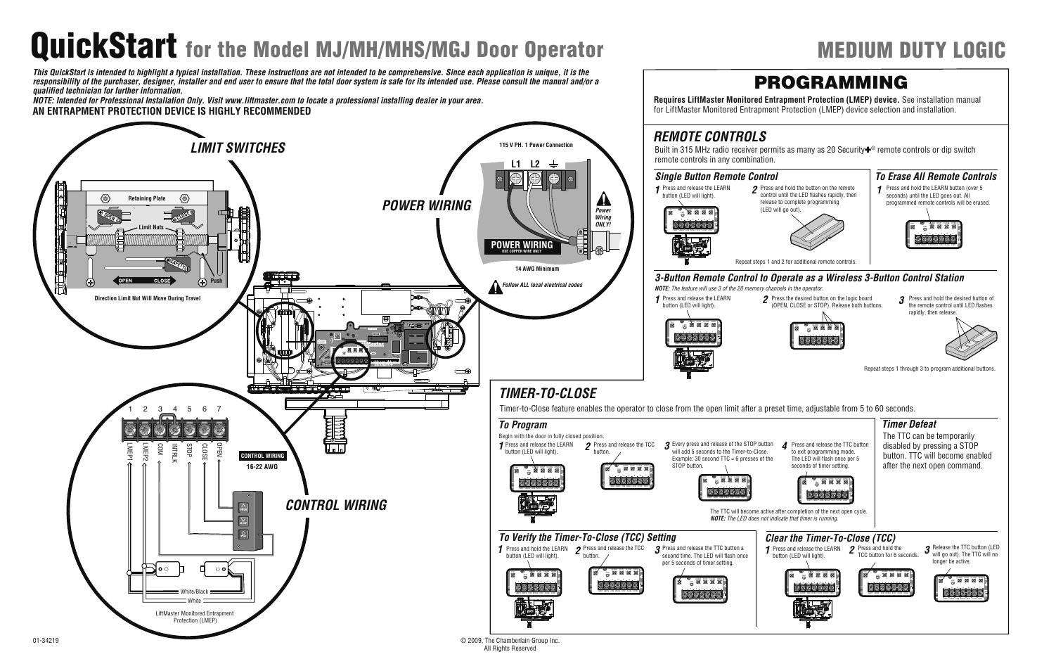 Programming, Quickstart, Remote controls | Timer-to-close, Power wiring control wiring limit switches, Single button remote control 1, Clear the timer-to-close (tcc), Timer defeat, Power wiring, L1 l2 | LiftMaster MH Medium-Duty Hoist Operator User Manual | Page 2 / 2