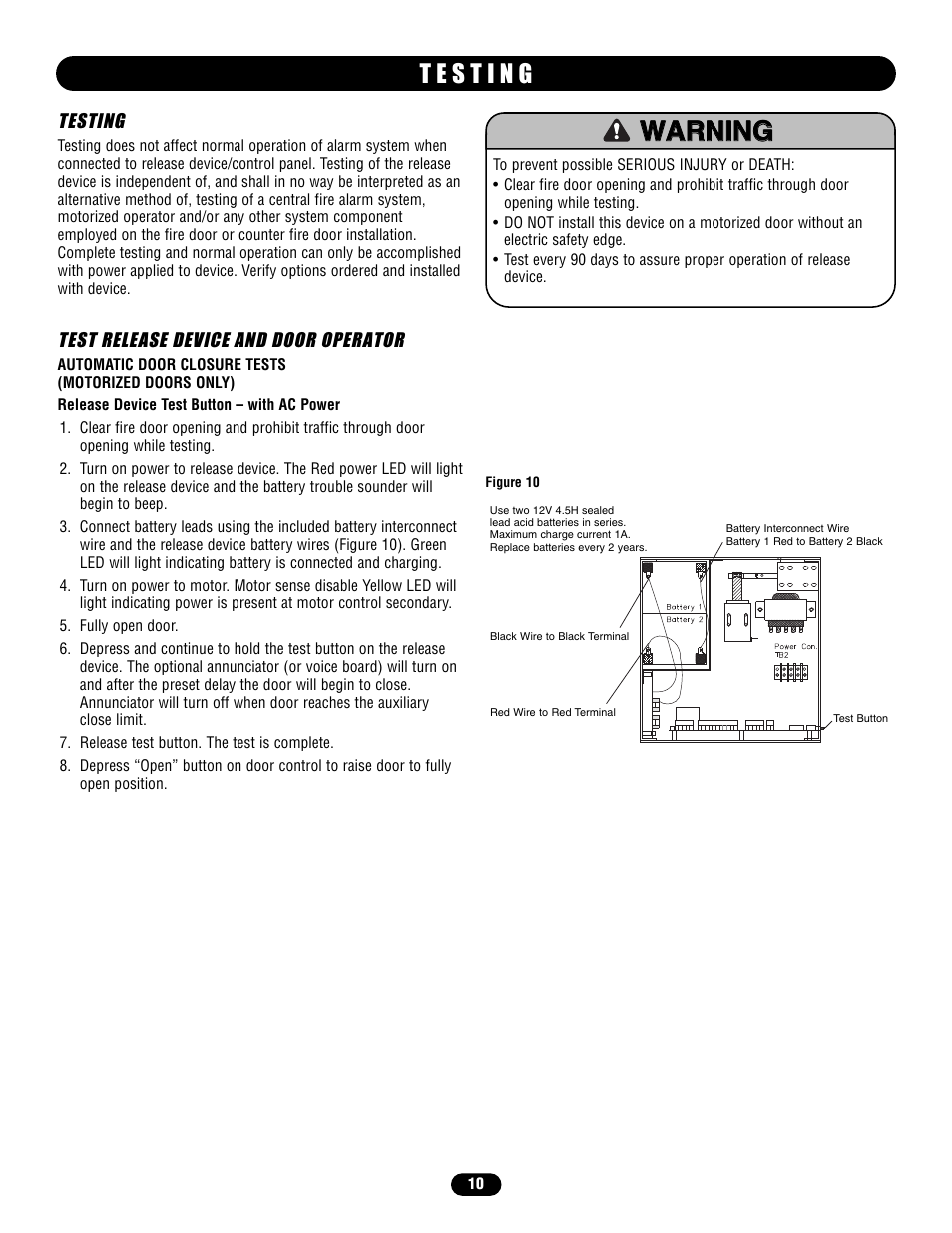T e s t i n g | LiftMaster LM21AFCB Advance Fire Control Release Device User Manual | Page 10 / 16
