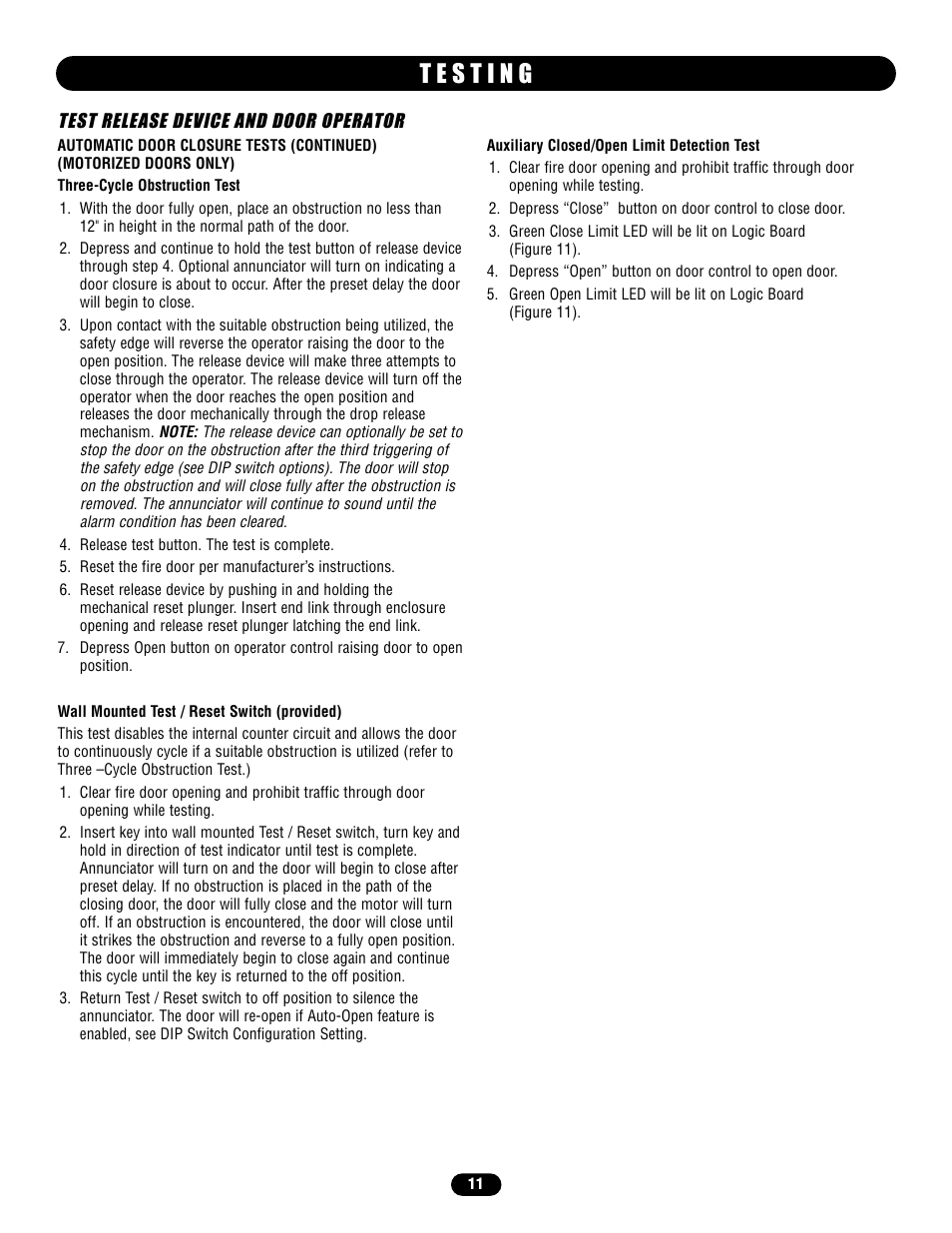 Test release device and door operator, Auxiliary closed limit detection test | LiftMaster LM21AFCB Advance Fire Control Release Device User Manual | Page 11 / 16