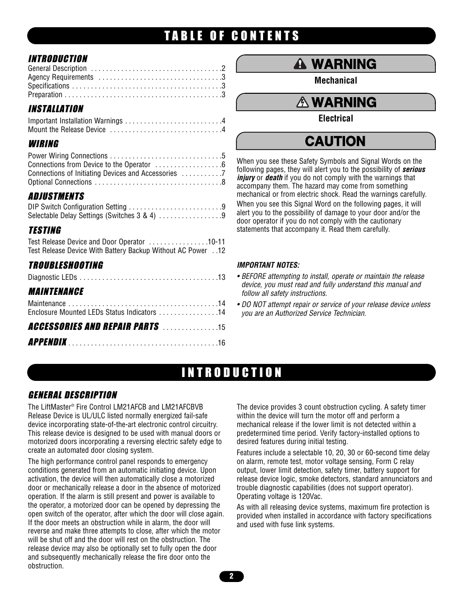 T a b l e o f c o n t e n t s, I n t r o d u c t i o n | LiftMaster LM21AFCB Advance Fire Control Release Device User Manual | Page 2 / 16