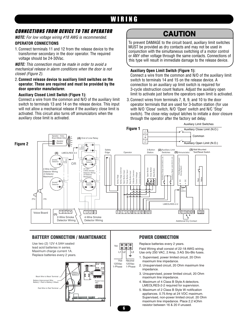 Connections from device to the operator, Battery connection / maintenance, Power connection | LiftMaster LM21AFCB Advance Fire Control Release Device User Manual | Page 6 / 16