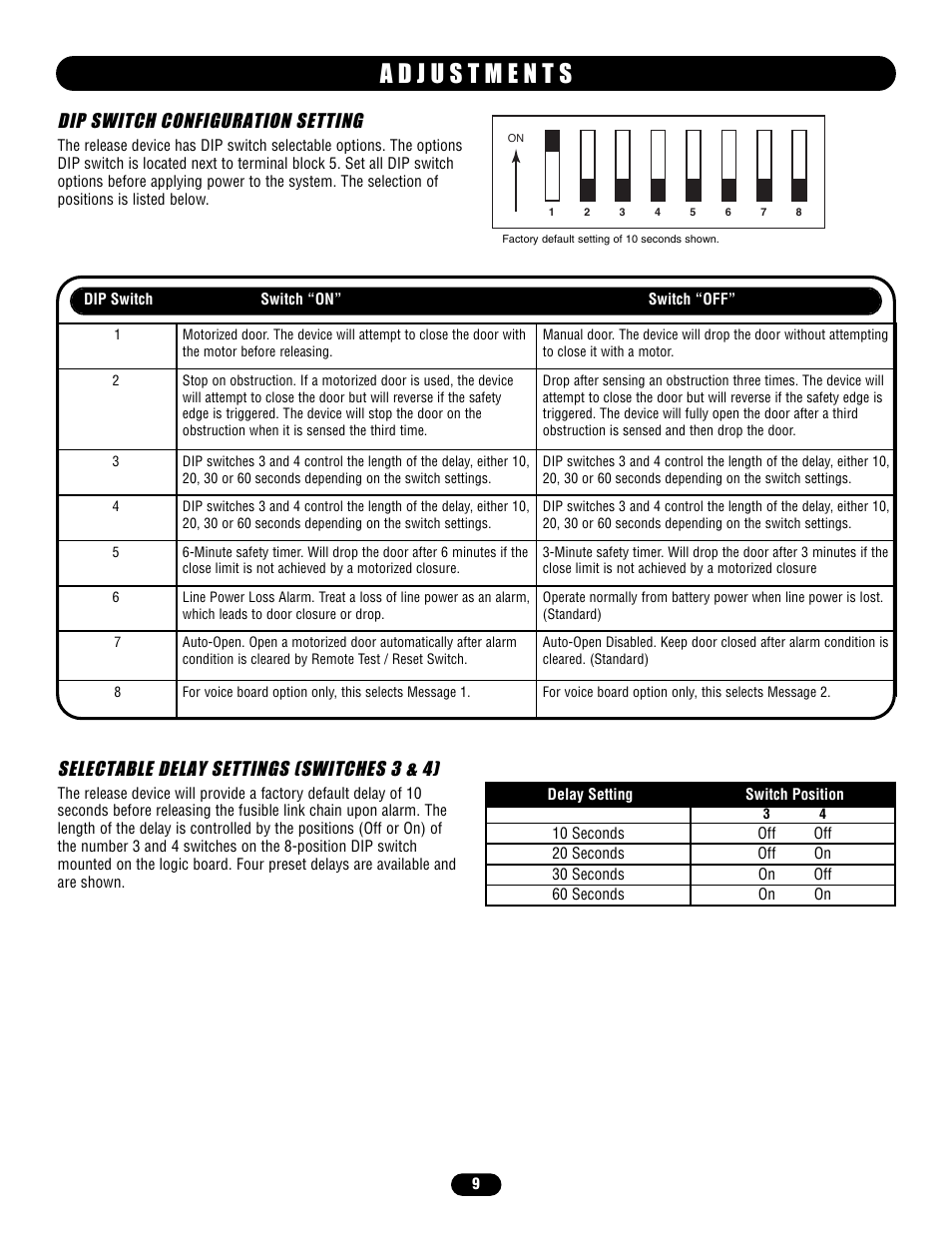 A d j u s t m e n t s, Selectable delay settings (switches 3 & 4), Dip switch configuration setting | LiftMaster LM21AFCB Advance Fire Control Release Device User Manual | Page 9 / 16
