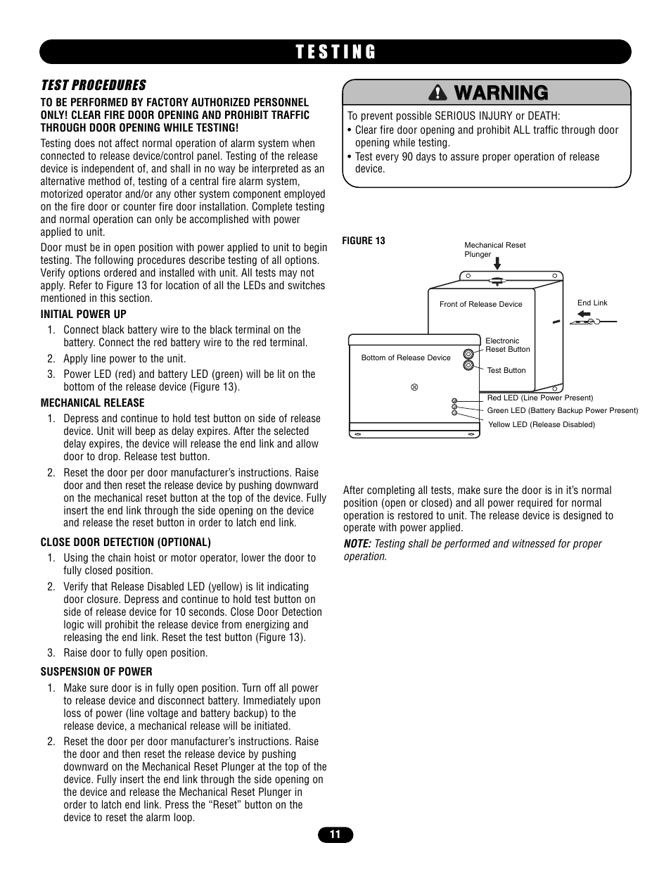 Testing, Test procedures | LiftMaster LM21XPBB Extended Performance Release Device User Manual | Page 11 / 16