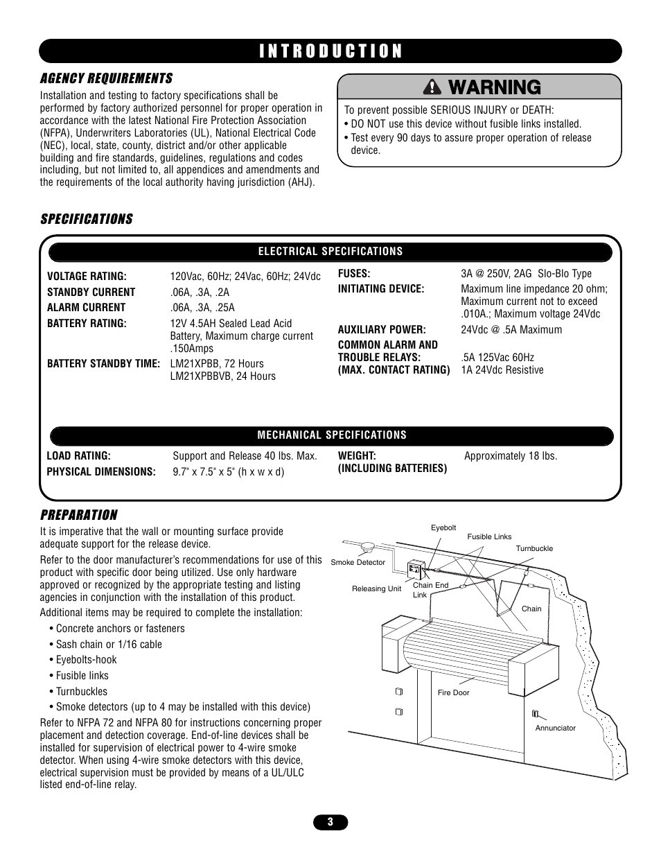 Agency requirements, Specifications, Preparation | LiftMaster LM21XPBB Extended Performance Release Device User Manual | Page 3 / 16