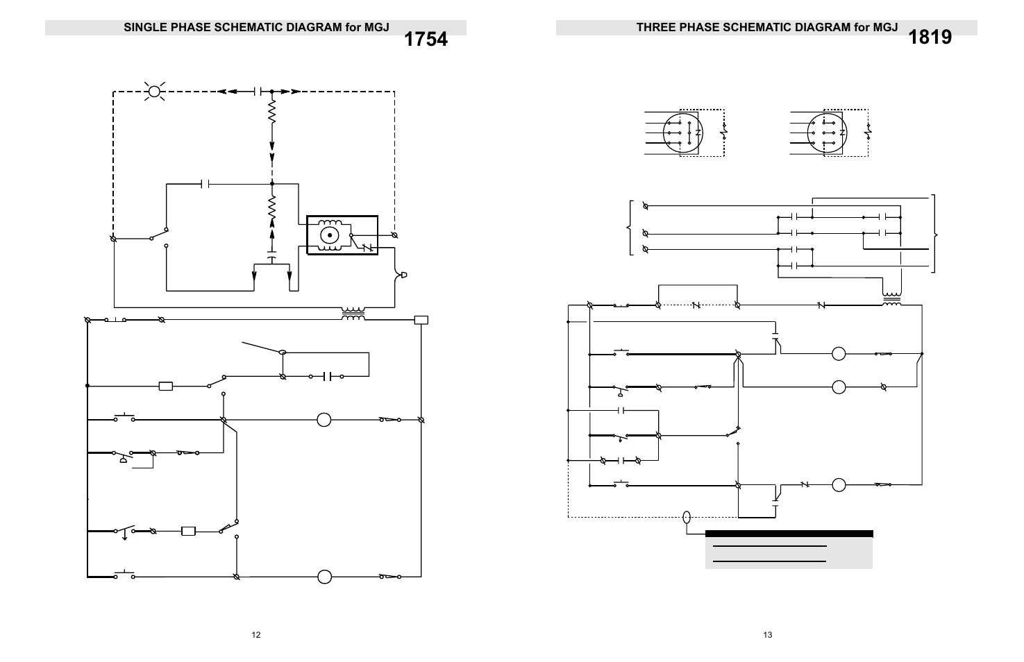 Thre phase schematic diagram for mgj, Single phase schematic diagram for mgj, Three phase schematic diagram for mgj | Safety edge open, Open aux. l/s open-b, Close l/s, 3stop (hot) l2, Open-a, Capacitor, Light relay | LiftMaster LGJ Light-Duty Gear-Reduced Jackshaft Operator for Rolling Grilles and Shutters User Manual | Page 13 / 24