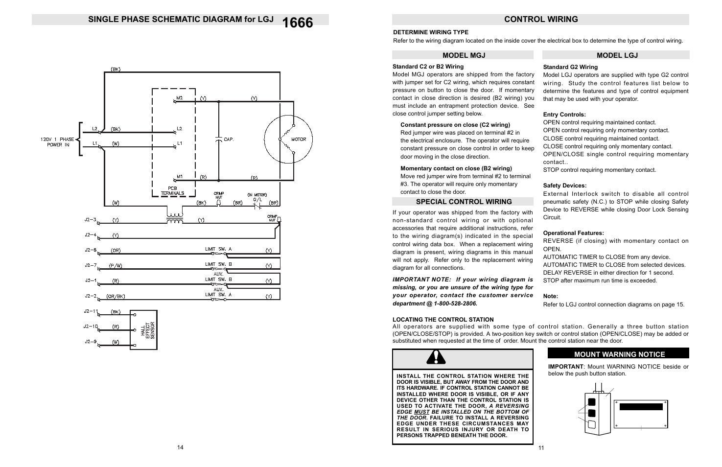 Single phase schematic for lgj, Warning caution warning warning, Single phase schematic diagram for lgj | Control wiring | LiftMaster LGJ Light-Duty Gear-Reduced Jackshaft Operator for Rolling Grilles and Shutters User Manual | Page 14 / 24