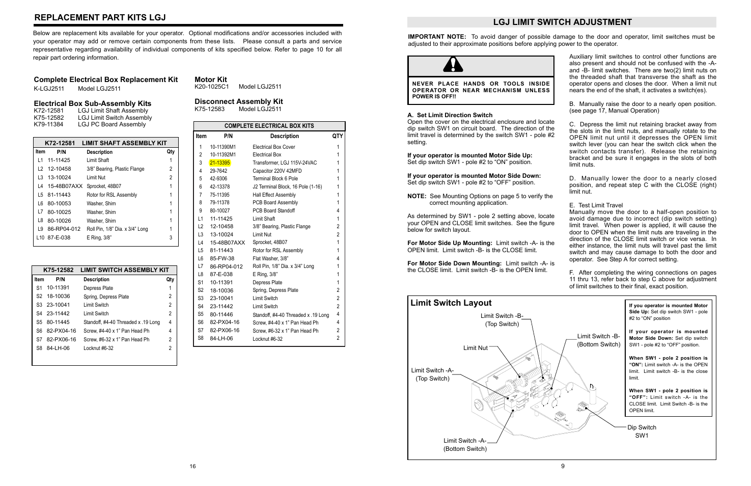 Replacement part kits lgj, Warning caution warning warning, Lgj limit switch adjustment | Limit switch layout | LiftMaster LGJ Light-Duty Gear-Reduced Jackshaft Operator for Rolling Grilles and Shutters User Manual | Page 16 / 24