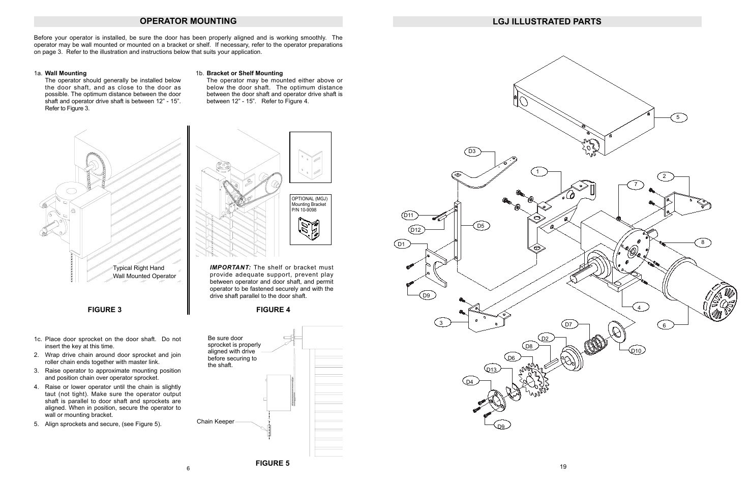 Lgj parts, Lgj illustrated parts, Operator mounting | Figure 4 figure 3, Figure 5 | LiftMaster LGJ Light-Duty Gear-Reduced Jackshaft Operator for Rolling Grilles and Shutters User Manual | Page 19 / 24