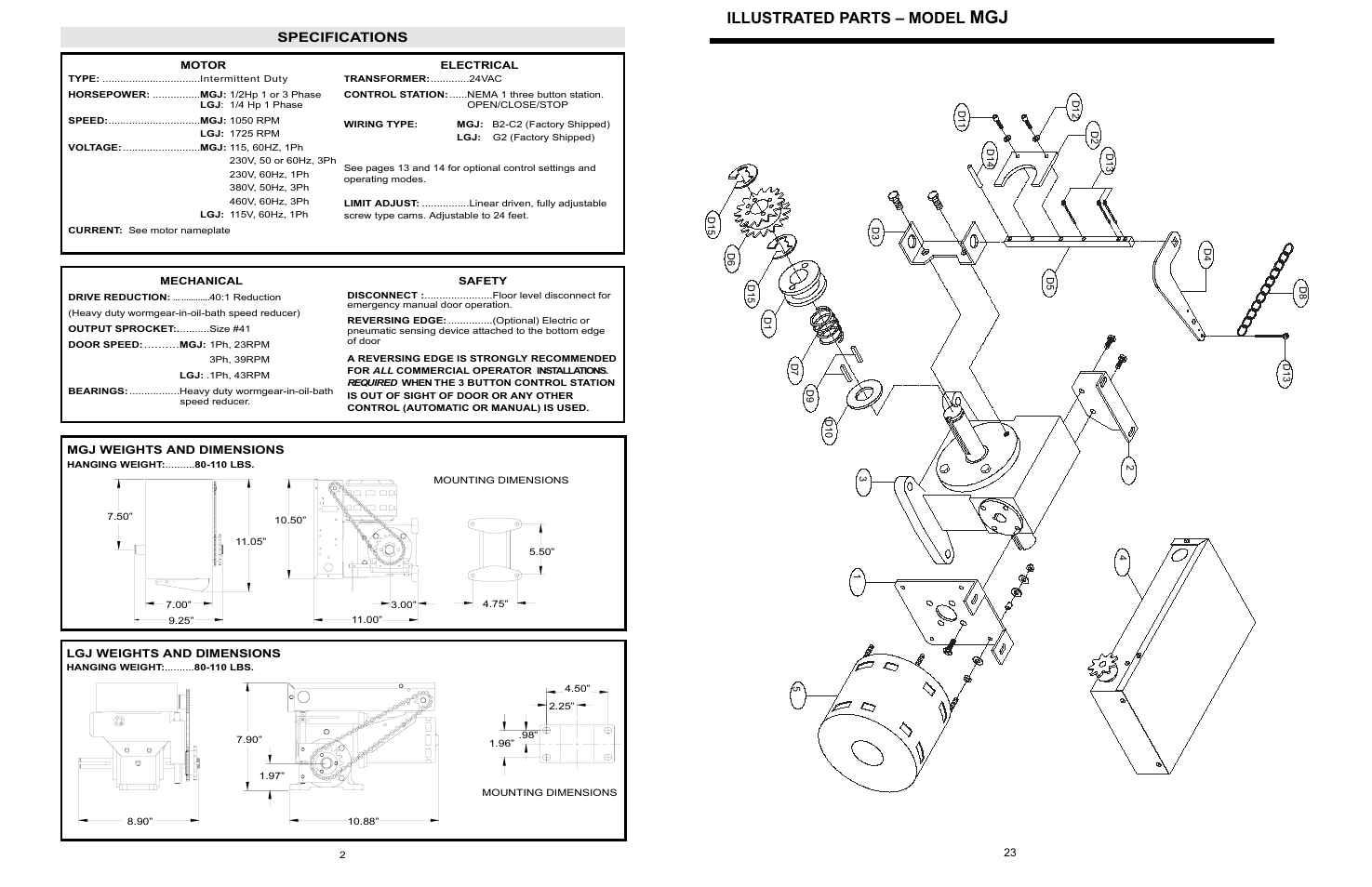 Specifications, Illustrated parts – model | LiftMaster LGJ Light-Duty Gear-Reduced Jackshaft Operator for Rolling Grilles and Shutters User Manual | Page 2 / 24