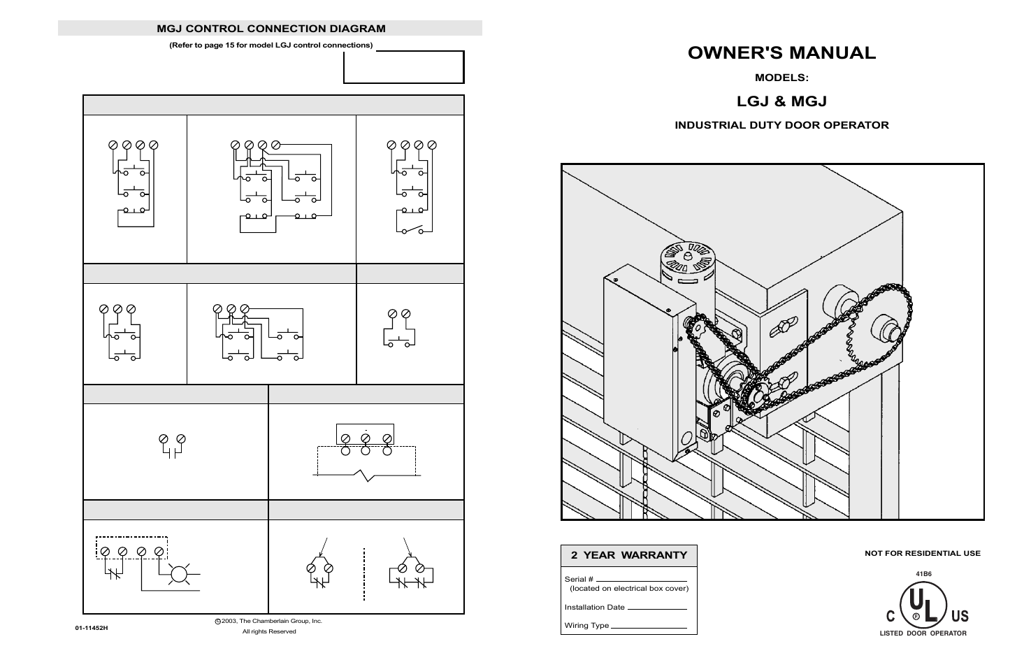 Mgj control connection, Owner's manual, Lgj & mgj | Models, Industrial duty door operator, 2 year warranty, Mgj control connection diagram | LiftMaster LGJ Light-Duty Gear-Reduced Jackshaft Operator for Rolling Grilles and Shutters User Manual | Page 24 / 24