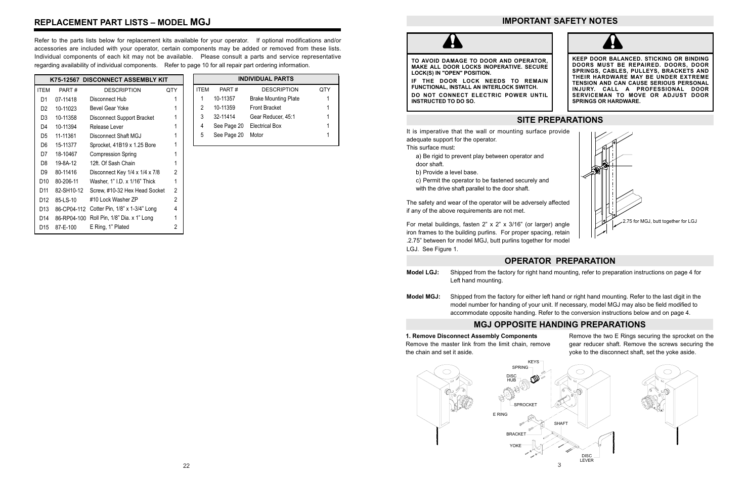 Important safety, Operator prep, Site preparations | Replacement part lists – model, Mgj opposite handing preparations | LiftMaster LGJ Light-Duty Gear-Reduced Jackshaft Operator for Rolling Grilles and Shutters User Manual | Page 3 / 24