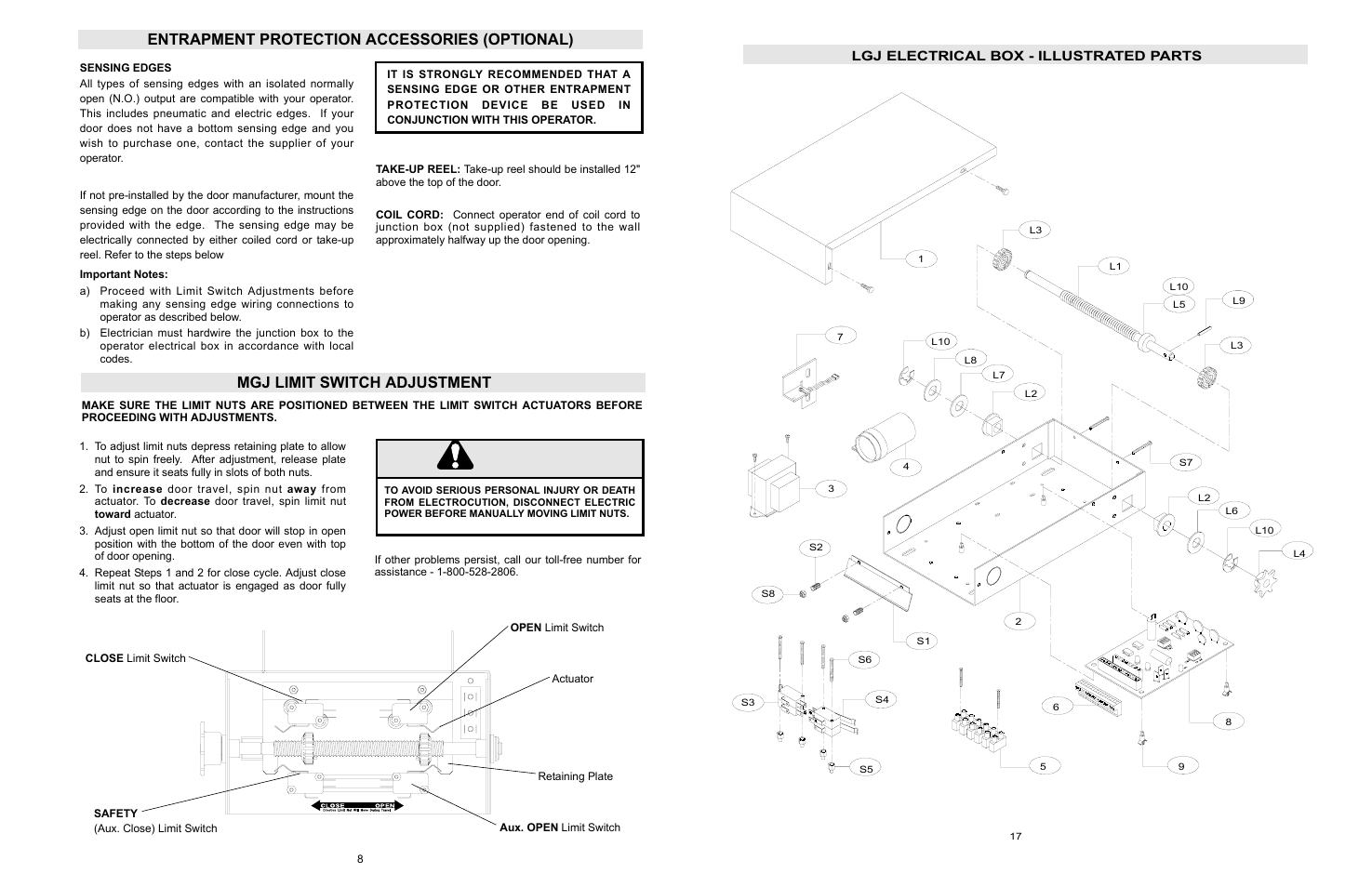 Entrapment protection accessories, Warning caution warning warning, Mgj limit switch adjustment | Entrapment protection accessories (optional), Lgj electrical box - illustrated parts | LiftMaster LGJ Light-Duty Gear-Reduced Jackshaft Operator for Rolling Grilles and Shutters User Manual | Page 8 / 24