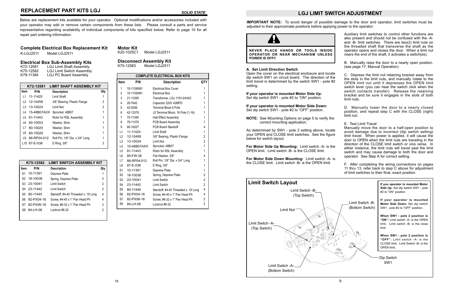 Lgj limit switch, Warning caution warning warning, Replacement part kits lgj | Lgj limit switch adjustment, Limit switch layout | LiftMaster LGJ Light-Duty Gear-Reduced Jackshaft Operator for Rolling Grilles and Shutters User Manual | Page 9 / 24